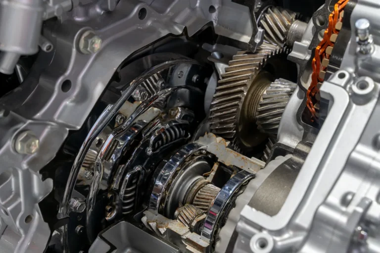 Closeup of a modern automobile engine transmission.